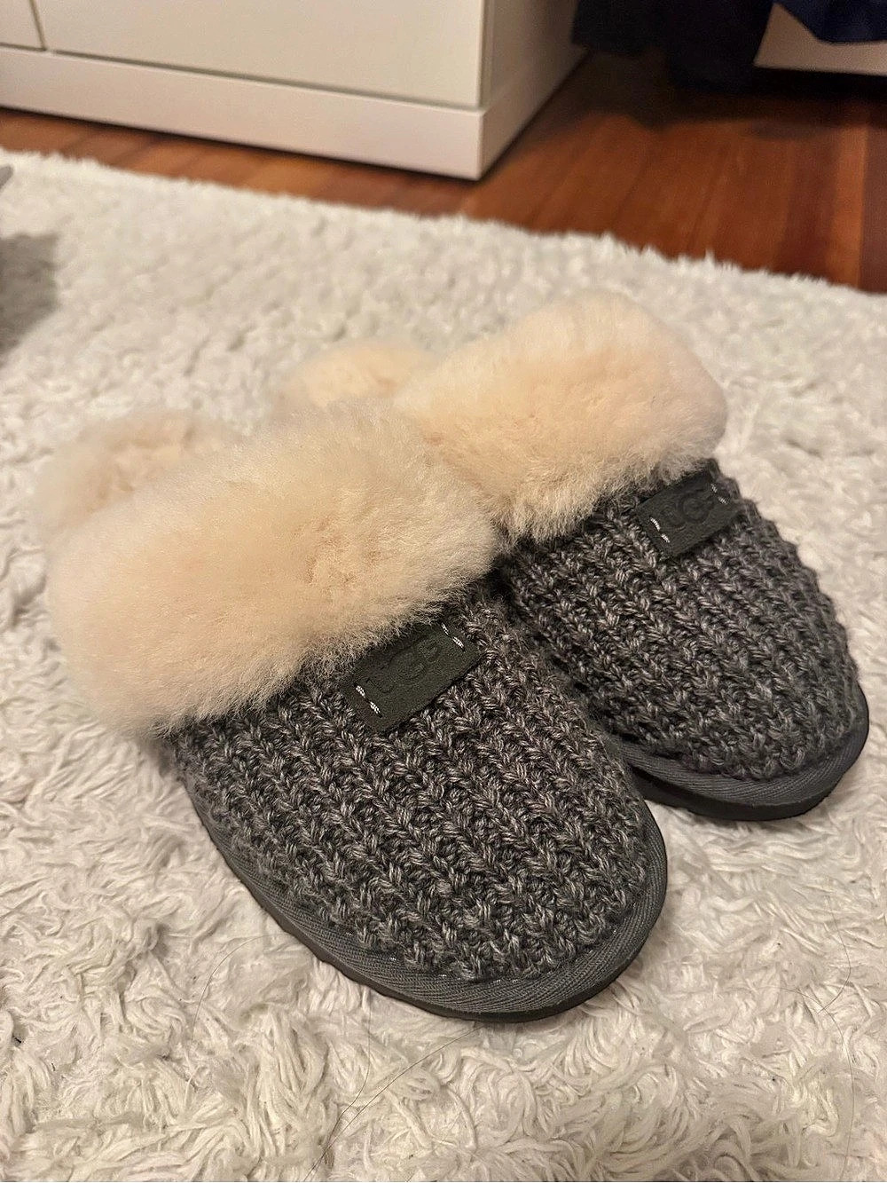 UGG Cozy Knit Slipper Knit Fur-Lined Slippers in Gray & Cream
